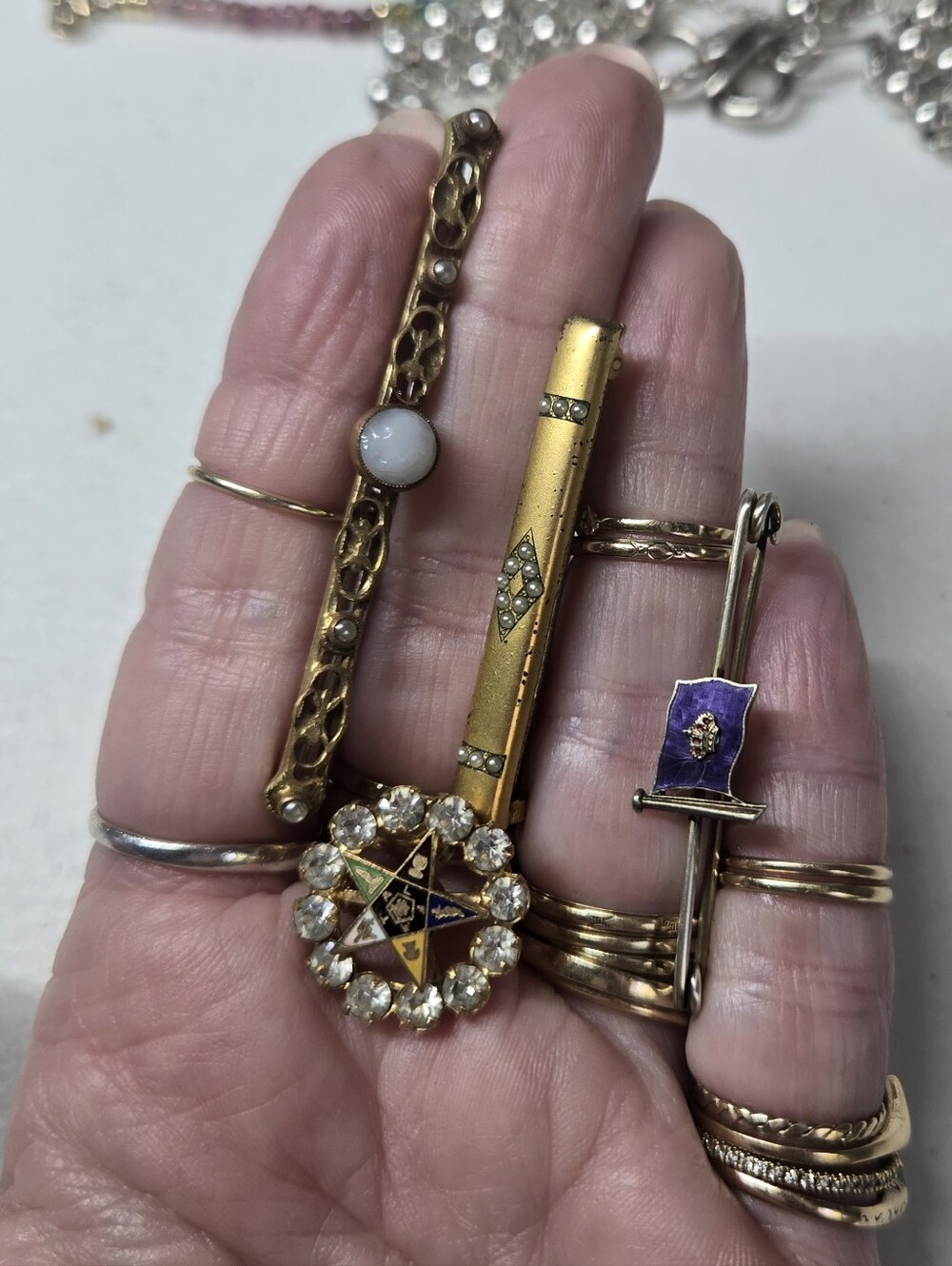 Vintage Gold-Tone Brooch Trio with Purple and White Accents